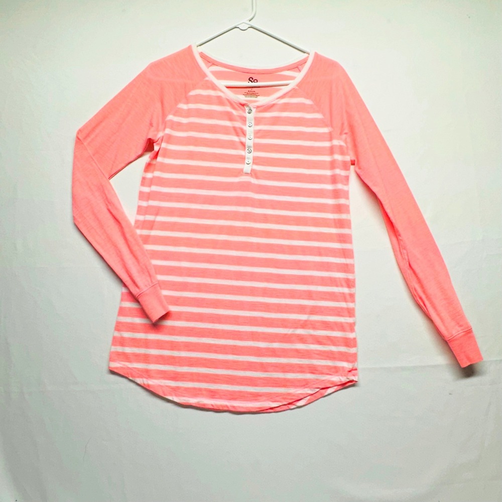 SO Intimates Coral Pink White Striped Long Sleeve Henley Sleep Shirt Womens‎ L